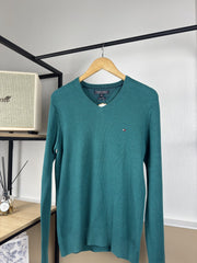 Pull col V Tommy Hilfiger vert canard