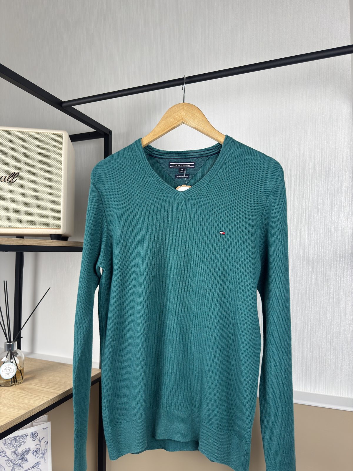 Pull col V Tommy Hilfiger vert canard