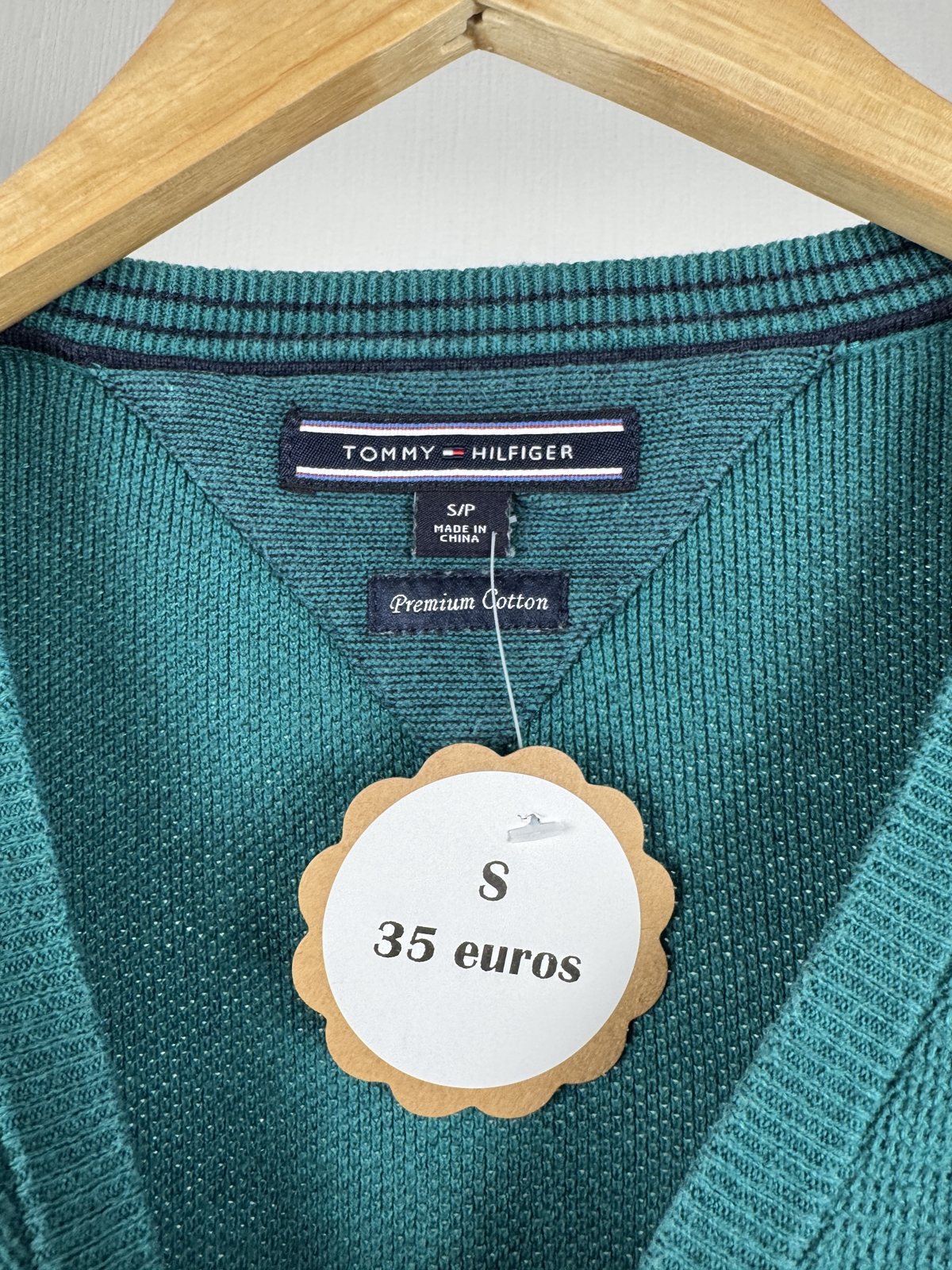 Pull col V Tommy Hilfiger vert canard