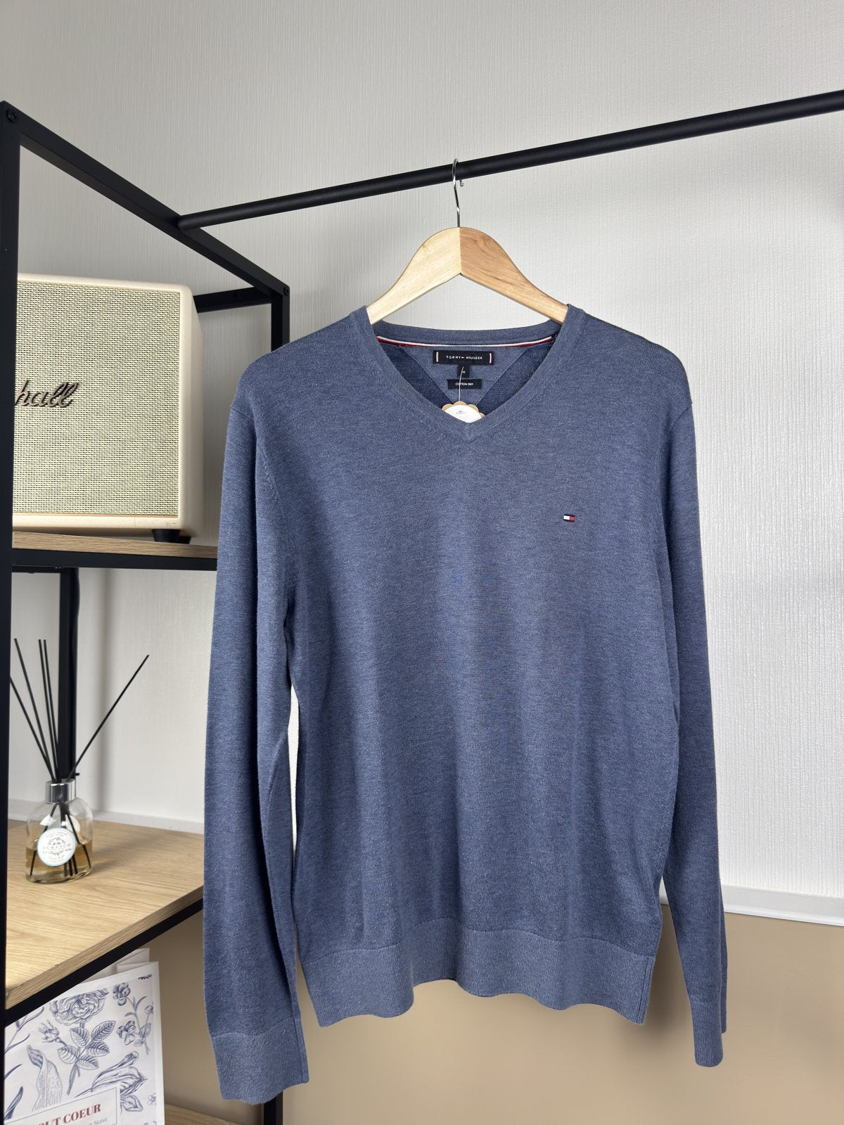 Pull col V Tommy Hilfiger bleu chiné