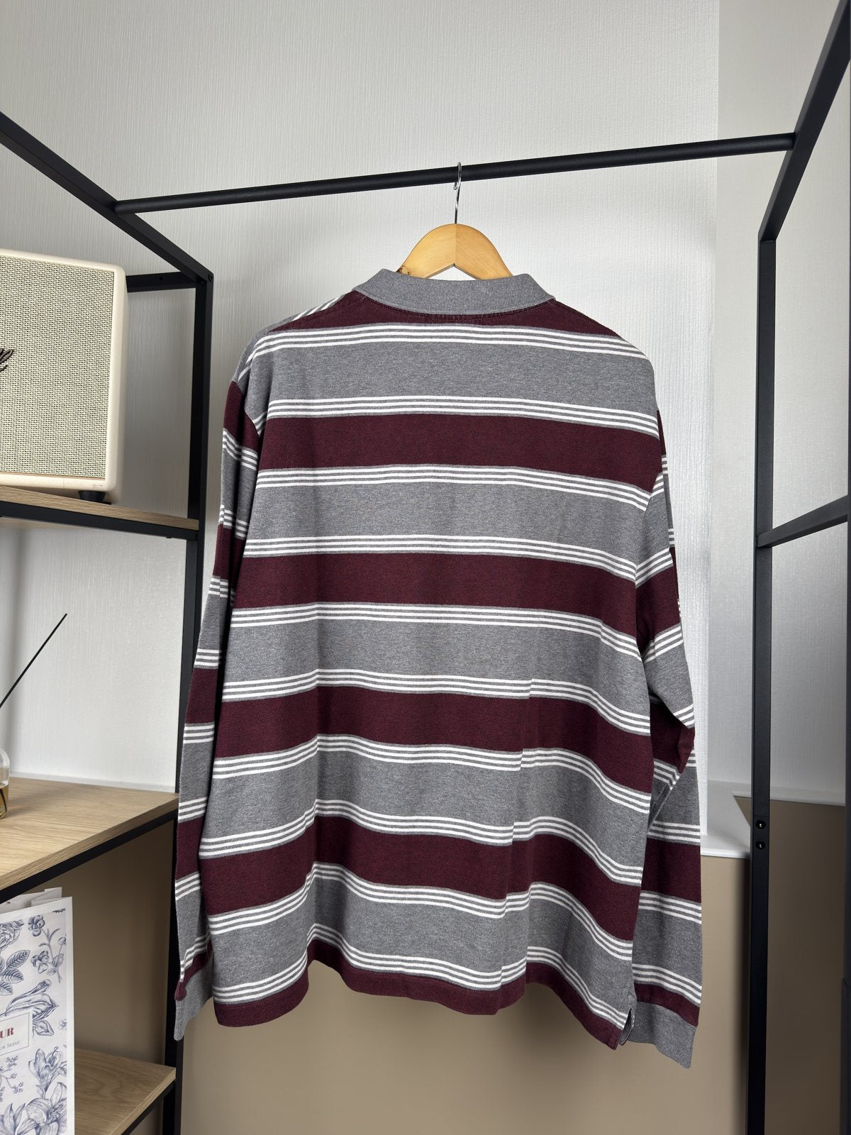 Polo manches longues Lacoste rayé gris et bordeaux