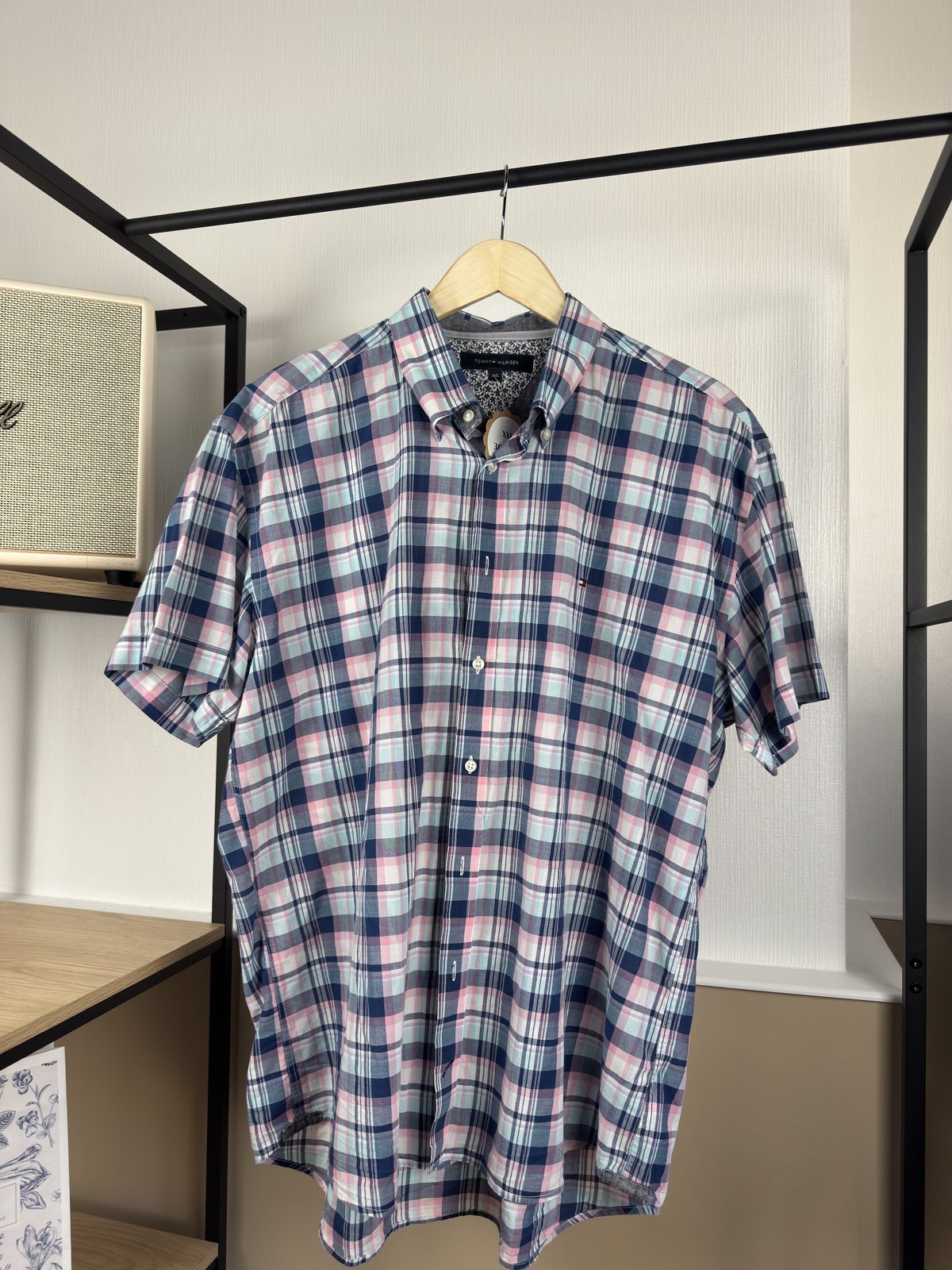 Chemise Tommy Hilfiger à carreaux rose et bleu manches courtes
